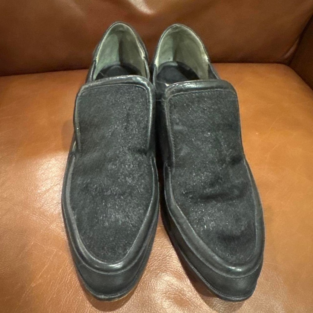 Vintage Derek Lam cow hair Black leather loafers with a vintage vibe